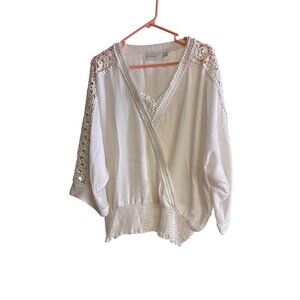 Chicos White Crochet Trim Wrap Style Blouse Size 2 Elegant & Breezy Top